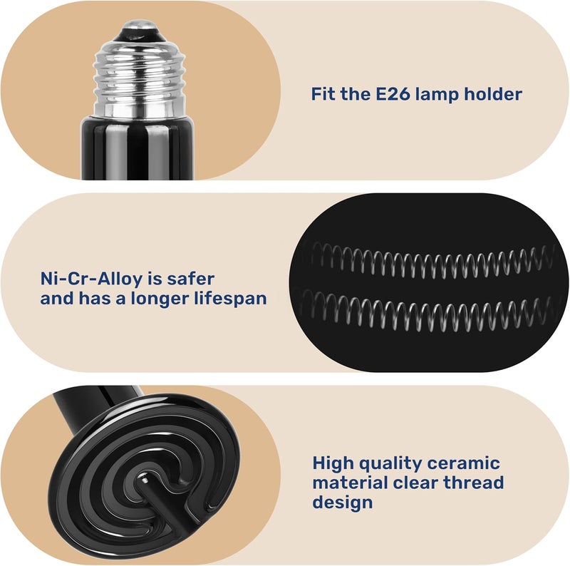 YSSOA مصباح حرارة الزواحف 75 واط، مصدر حرارة سيراميك، بدون لمبات ضوء لإصدار الحرارة للحيوانات الأليفة البرمائية، حاضنة دجاج، سحلية، تنين ملتحي، سلحفاة، ثعبان، حوض زواحف، عبوة من 2 - Image 3